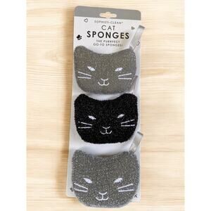 NEW Gray & Black Cat Kitten Kitchen Set of 3 Scratch Free Pots Pans Dish Sponges